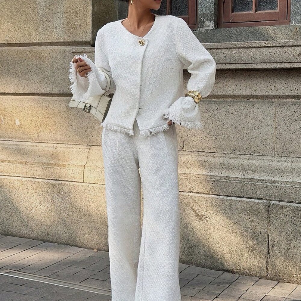 Beige Casual Women's Elegant Jacket & Pants Set - Picture 4 of 7
